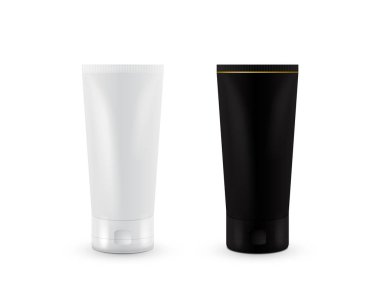 Krem, toz veya jel için Boş Kozmetik Konteynır vektörü seti. Siyah ve beyaz. Kozmetik konteynır. Model yap. Diş macunu, krema, serum veya temizlik tüpü. Ürün Paketleme.