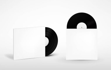 Vinil kaydı ve plaka için zarf kümesi. Retro ses taşıyıcı. Kadar alay et. İzometrik görünümü. Vektör çizim.