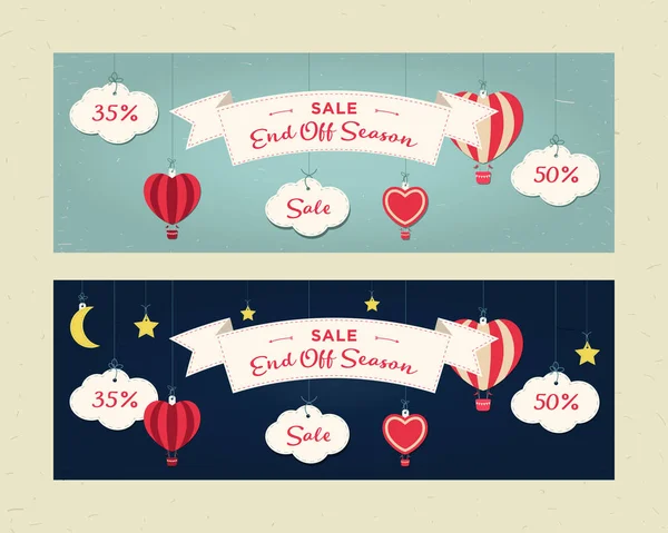 Final de temporada Venta, encabezado del sitio web o conjunto de banners. Día y noche. Nubes, globos, luna, estrellas, cinta, corazón. Diseño de póster del mercado. Estilo vintage . — Archivo Imágenes Vectoriales