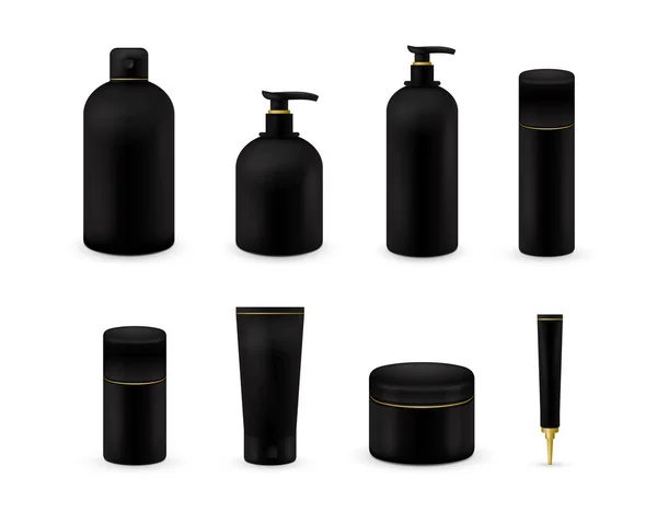 Conjunto de colección de paquetes cosméticos en blanco aislado sobre fondo blanco. Realista botella cosmética maqueta conjunto. Champú y crema. Color negro. — Vector de stock