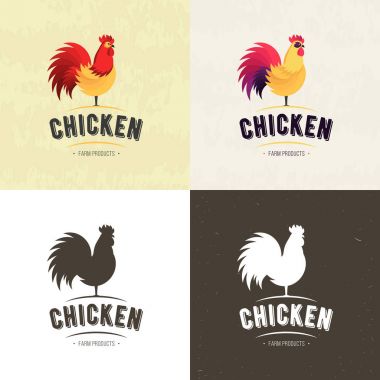 Tavuk çiftliği et yemek salonu ve Restoran için logo, rozetler, afiş, amblem ve tasarım öğeleri kümesi. Vektör çizim.