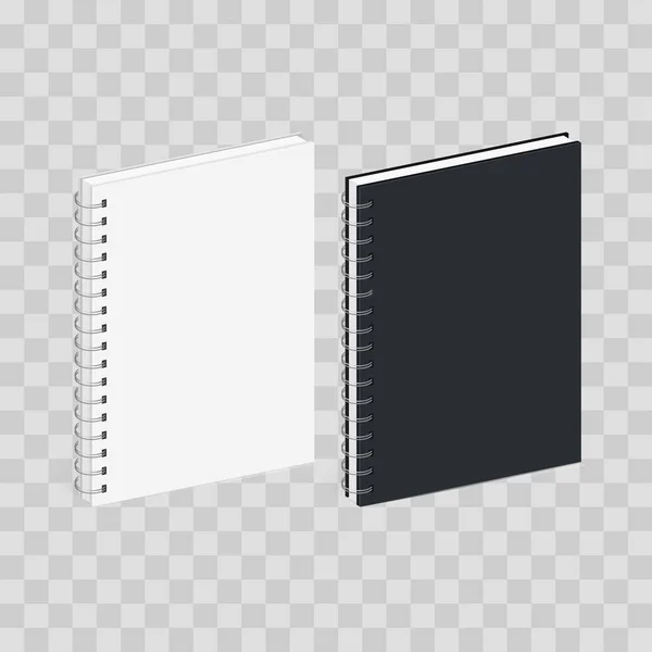 Modelo de caderno em espiral em branco. Capas em preto e branco. Vista isométrica, isolada em xadrez transparente. Vector mock up . —  Vetores de Stock