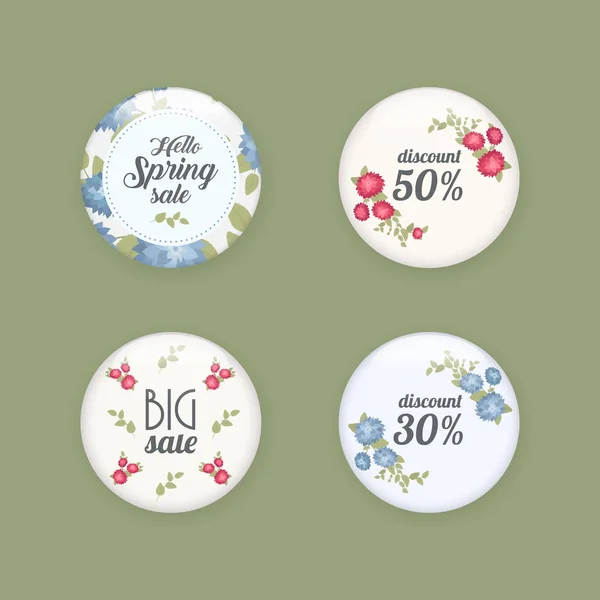 Conjunto de botões de venda brilhantes ou crachás. Promoções de produtos. Grande venda, oferta especial, 50 fora. Design de etiqueta de primavera, modelo de voucher. Um grande conjunto. Moldura floral para texto, isolada sobre fundo branco . — Vetor de Stock