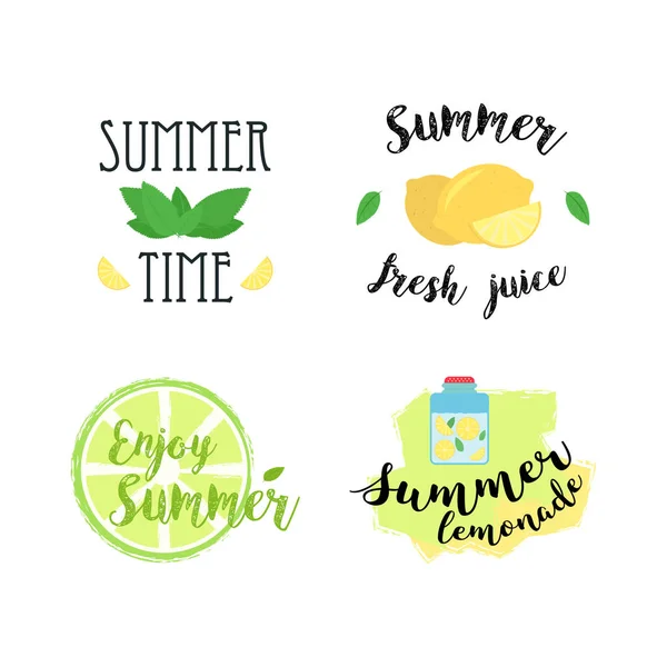 Sommermerker, logoer, håndtegnede merker og elementer som er satt til sommerferie, reise, ferier på stranden, sol. Vektorillustrasjon . – stockvektor
