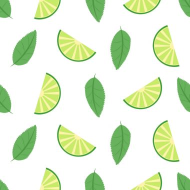 Limon ağacı yeşil düz vektör üzerinde sulu limes ile seamless modeli. Canlandırıcı yaz mojito, nane yaprağı ve limon harika. Çiçek desenli. Limon meyve arka plan. Çiçekler, yapraklar, limon.