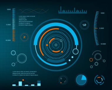Soyut gelecek, konsept vektör fütüristik mavi sanal grafik dokunmatik arayüzü HUD. Web, site, mobil uygulamalar için siyah arkaplan, tekno, çevrimiçi tasarım, iş, gui, ui.