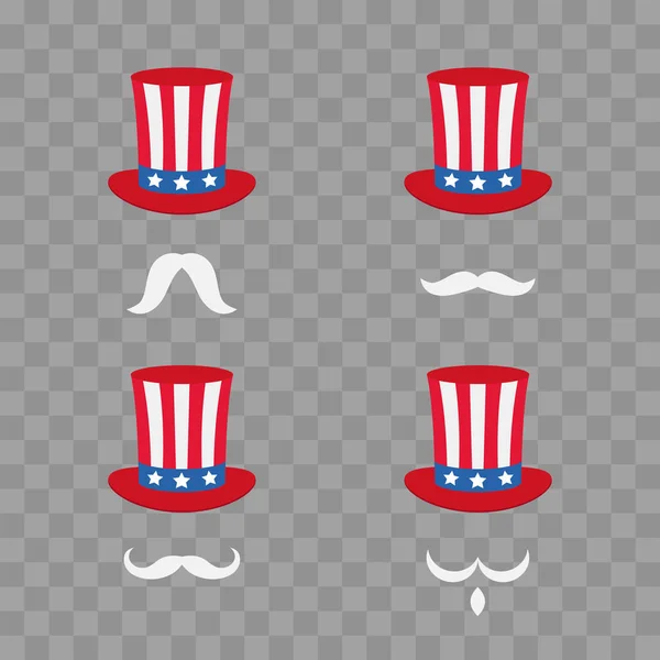 Chapeau oncle Sams. Symbole de liberté. Dessin animé joli bandeau avec une moustache. Illustration vectorielle isolée sur carreaux transparents . — Image vectorielle