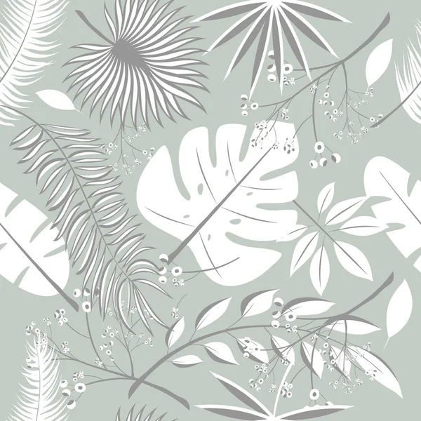 Bladeren van de exotische, regenwoud. Naadloze realistische tropic blad patroon. Palm blad, bananenblad, hibiscus bloemen van de plumeria. Jungle bomen. Botanische bloemen illustratie. Aantal trendy vectorillustraties. — Stockvector