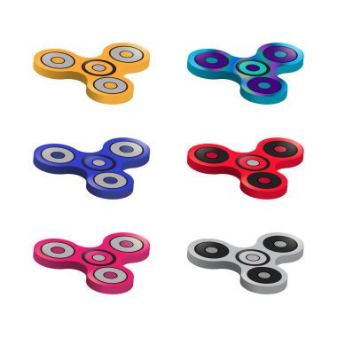 Renk parmak beyaz arka plan üzerinde izole Spinners kümesi. El Spinner çok renkli koleksiyonu vektör çizim. İzometrik görünümü. Gerçekçi örnekler.
