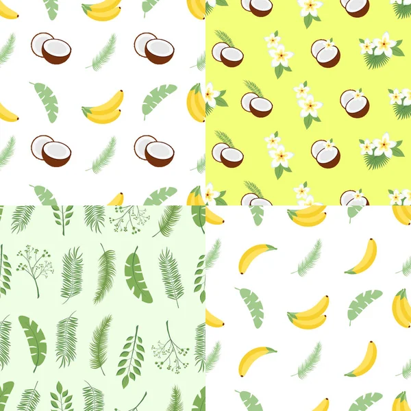 Σύνολο απρόσκοπτη καλοκαίρι μοτίβα. Φόντα με φύλλα από ένα φοίνικα, φρούτα, λουλούδια και καρύδες. Εικονογράφηση διάνυσμα. Εύκολο στη χρήση για φόντο, υφασμάτων, χαρτί περιτυλίγματος, αφίσες τοίχο. — Διανυσματικό Αρχείο