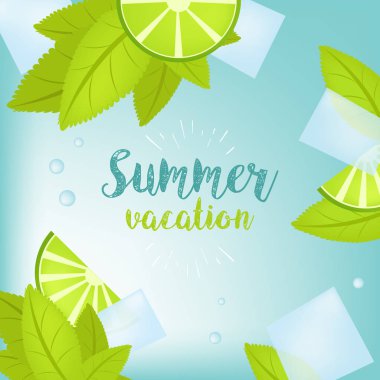 Vektör yaz saati tatil tipografik çizim. Tropik bitkiler, palmiye ağacı, meyveler, çiçekler. Kireç ve buz küpleri. Mojito. EPS 10 tasarım.