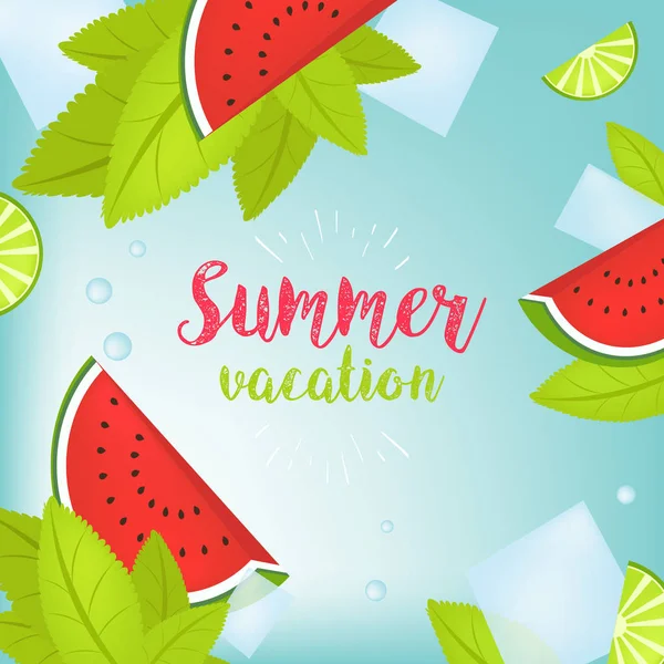 Vector Summer Time Holiday typografisk illustrasjon. Tropiske planter, palmer, frukt, blomster. Vannmelon og isbiter. Mojito. Eps 10-konstruksjon . – stockvektor