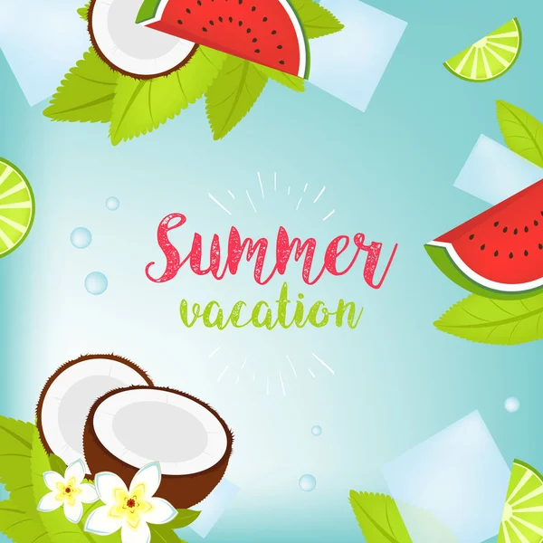 Vector zomertijd vakantie typografische illustratie. Tropische planten, palm tree, vruchten, bloemen. Watermeloen, kalk, kokosnoot en ijsblokjes. Mojito. EPS-10 ontwerp. — Stockvector