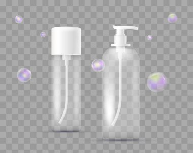 Gerçekçi kümesi ilaç için farklı şişe üzerinde şeffaf izole makyaj damalı. Sabun, şampuan, duş jeli, losyon, sabun köpüğü ile vücut süt için dağıtıcı ile. Ambalaj.