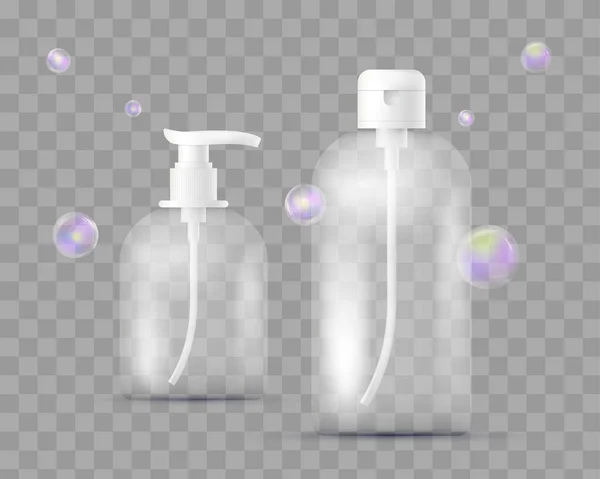 Realistická sada různých lahví pro farmaceutický, izolované na transparentní make-up kostkovaný. S dávkovačem na mýdlo, šampon, sprchový gel, krém, tělové mléko s mýdlovými bublinami. Balení. — Stockový vektor