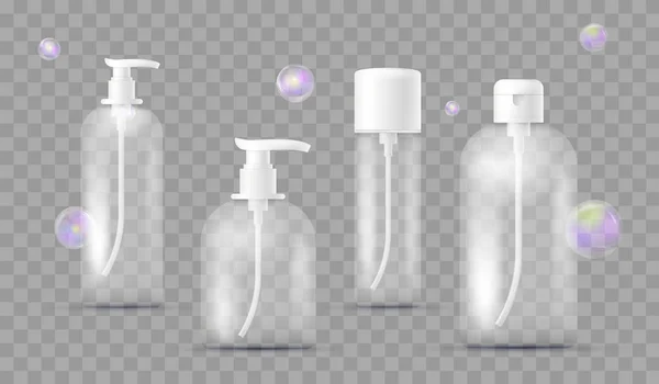 Conjunto realista de diferentes botellas para farmacéutica, maquillaje aislado en cuadros transparentes. Con dispensador para jabón, champú, gel de ducha, loción, leche corporal con burbujas de jabón. Embalaje . — Archivo Imágenes Vectoriales