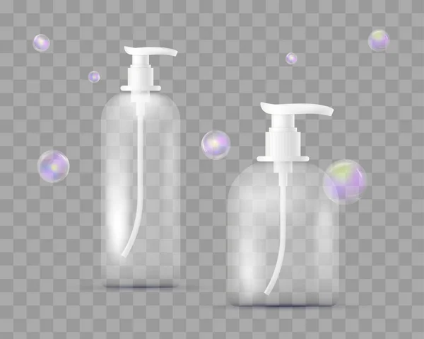 Conjunto realista de diferentes botellas para farmacéutica, maquillaje aislado en cuadros transparentes. Con dispensador para jabón, champú, gel de ducha, loción, leche corporal con burbujas de jabón. Embalaje . — Archivo Imágenes Vectoriales