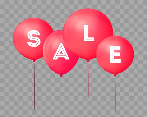 Flying balloons, concept of SALE for shops. Four red flying party balloons isolated with text SALE on transparent. Discount concept vector illustration. — Stock Vector