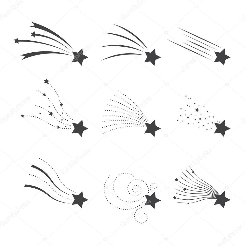 Falling stars vector set. Shooting stars isolated from background. Icons of meteorites and comets. Falling stars with different tails.