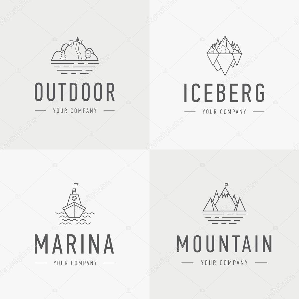 Set of vector mountain and outdoor adventures logo. Tourism, hiking and camping labels. Mountains and travel icons for tourism organizations, outdoor events and camping leisure. Iceberg, shep.