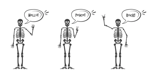 해골 손 제스처 설정: 확인, 손가락, 아래 손가락, 주먹, 가운데 손가락, 록 앤 롤 뿔, 야자수와 다른 emoji 박수. 흰색 배경 벡터 일러스트 레이 션에 고립 된 인간의 뼈대 포즈. — 스톡 벡터