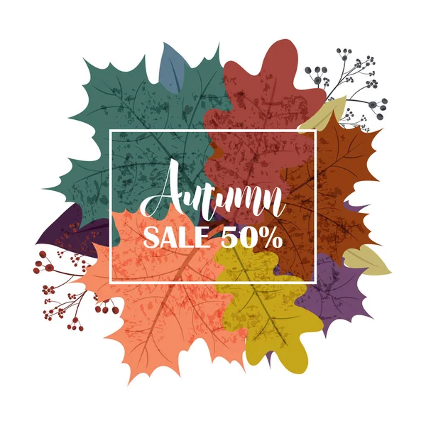 你好 9 月落叶的秋天出售文本海报或秋天的树叶的枫、 橡木橡子、 榆树购物销售设计或促销海报和帧单张或 web 横幅. — 图库矢量图片