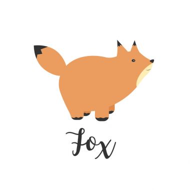 Vektör çizim bir tilki. Şirin fox ile tebrik kartı. Bebek hayvanlar vektör karikatür çizim. Logo, rozetleri, afiş, amblem ve tasarım öğeleri.