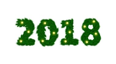 Yeni yıl 2018 of köknar dalı ve beyaz arka plan üzerinde ışık garland. Yıl sayı şeklinde ahşap plakalar. Tasarım öğesi yılbaşı günü, Noel, ağaç işleme, kış tatili, silvester, vb için.