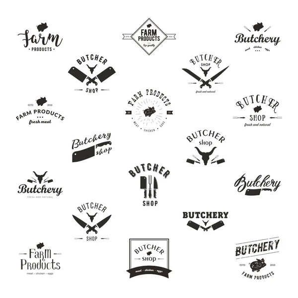 Retro tarz kasaplık logo şablonlar kümesi. Örnek metin içeren kasaplık etiketleri. Kasaplık tasarım öğeleri ve çiftlik hayvanları siluetleri bakkal, et mağazaları, paketleme ve reklam için.