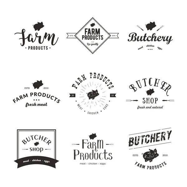 レトロのスタイルを作られた肉屋のロゴのテンプレートのセットです。豚シルエット、テキスト、肉屋、新鮮な肉、農産物の肉屋ミート ショップのエンブレム。農家のお店、市場、レストランまたはデザインのバナー、ステッカー. — ストックベクタ
