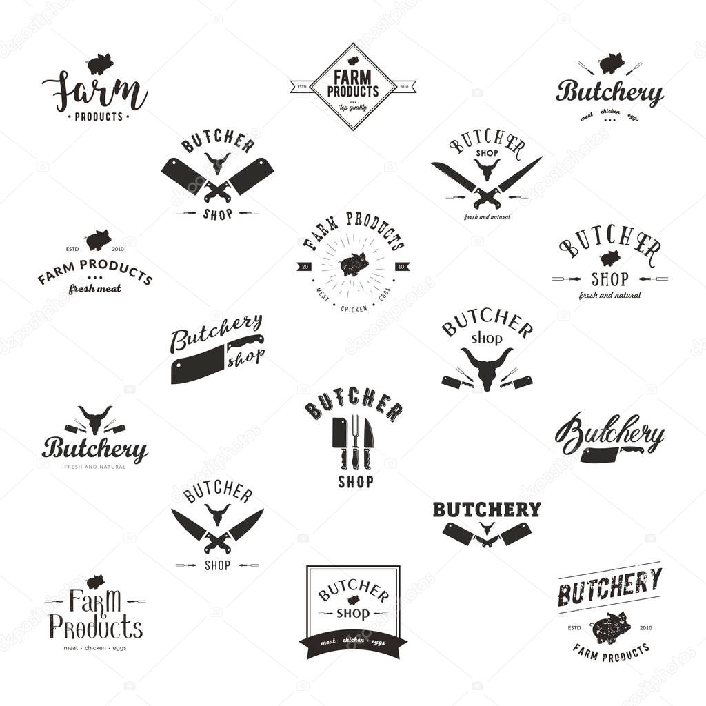 Set of retro styled butchery logo templates. Butchery labels with sample text. Butchery design elements and farm animals silhouettes for groceries, meat stores, packaging and advertising.