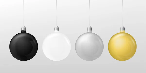 Set of three christmas balls: white, black, gold and silver on a white background. Vector, eps10. — Stock Vector