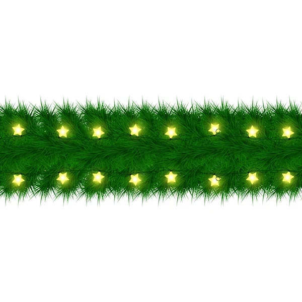 Guirlande de Noël de branches de sapin Design de carte. Bonne année Noël avec des lumières brillantes étoile . — Image vectorielle