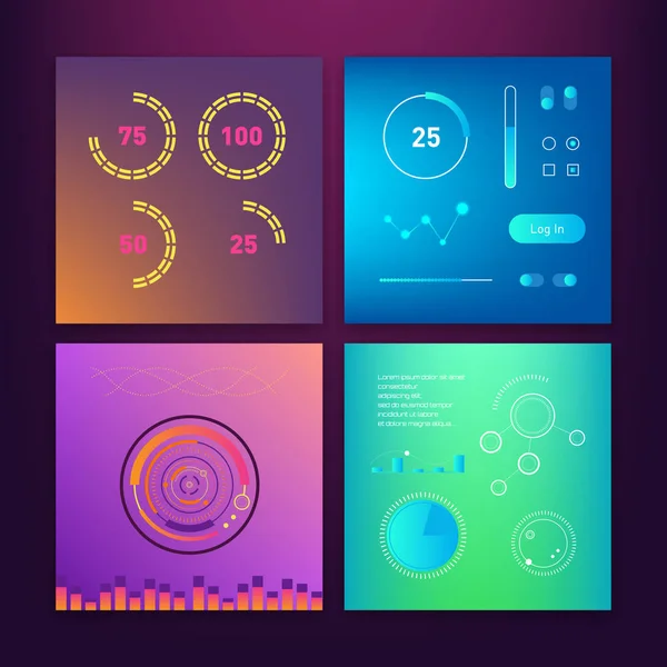 Painel UI e UX Kit. Gráfico de barras e desenhos de gráficos de linha. Diferentes elementos infográficos. Fundo escuro. Elementos de exibição head-up para a web e aplicativo. Interface de usuário futurista. Gráfico virtual . — Vetor de Stock