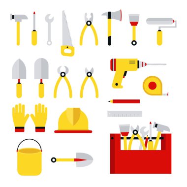 Hisse senedi vektör çizim oluşturma araçları onarım, inşaat binalar, matkap, çekiç, tornavida, testere, dosya, macun spatulası, cetvel, kask, rulo, fırça, araç kutusu, kit düz stil izole Icons set.