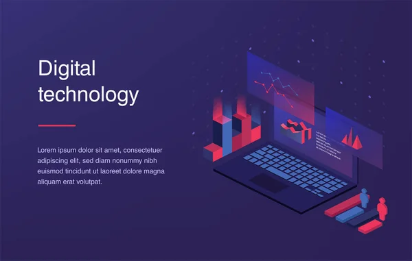 Conceito de realidade aumentada. Tecnologia inteligente da cidade. Modelo de landing page. Banner web com laptop e moeda. Estilo gradiente isométrico. Conceito de página inicial. UI design mockup . — Vetor de Stock