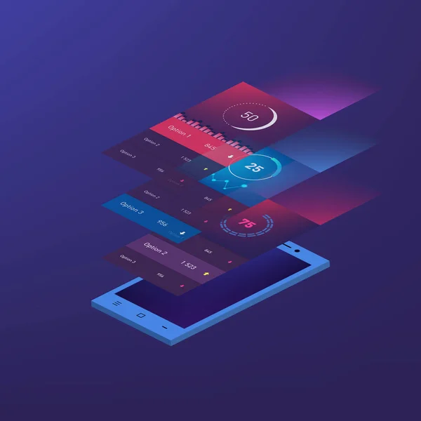 Düz tasarım duyarlı yönetimi ve yönetim Dashbord UI mobil uygulaması şablonu trendy ince üzerinde 3d smartphone örnekler ve infographics grafik seti ile arka plan bulanık.