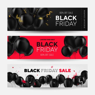 Kara Cuma Yatay Sancaklar Seti. Beyaz ve Kızıl Arkaplanda Uçan Parlak Balonlar. Falling Confetti ve Serpentine. İnternet afişi. Kupon. İniş sayfası.