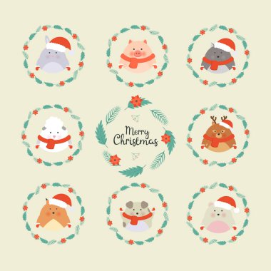 Şirin Noel orman hayvanları. Vahşi yaşam çizgi film karakteri seti. Geyik, tavşan, tilki, ayı, köpek, domuz, kurt, kış kostümlü koyun. Yeni yıl tebrik kartları. El çizimi harfler. Noel çelengi.