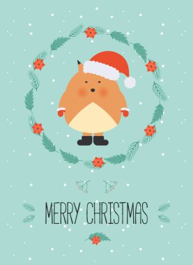 Şirin Noel Ormanı karakteri. Kış kıyafetleri içinde şirin tilki olan mutlu noel kartları. Yeni yıl tebrik kartları. El çizimi harfler. Noel çelengi.