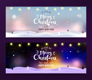 Kuzey Işıkları, kar taneleri, ışık, yıldızlar ve çelenklerle dolu kış manzaralı arka planda Noel ve Yeni Yıl daktilografisi. Xmas afişi hazır. Poster, iniş sayfası, tebrik kartı..