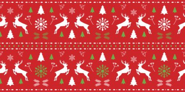 Noel İskandinav kırmızısı ve yeşil kusursuz desenli muhteşem geyik ve kar tanesi. Noel ya da yeni yıl tasarımı için kışın arka plan. Vektör çizimi. İskandinav deseni.