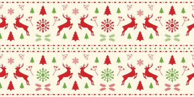 Noel İskandinav beyazı, kırmızı ve yeşil desenli muhteşem geyik ve kar tanesi. Noel ya da yeni yıl tasarımı için kışın arka plan. Vektör çizimi. İskandinav deseni.