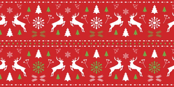 Noel İskandinav kırmızısı ve yeşil kusursuz desenli muhteşem geyik ve kar tanesi. Noel ya da yeni yıl tasarımı için kışın arka plan. Vektör çizimi. İskandinav deseni.