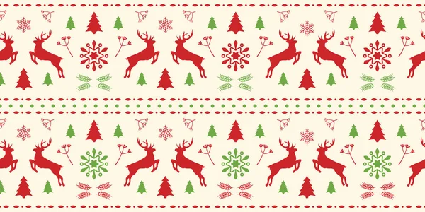 Natale scandinavo bianco, rosso e verde senza soluzione di continuità con splendido cervo e fiocco di neve. Sfondo invernale per Natale o Capodanno design. Illustrazione vettoriale. Modello nordico senza cuciture . — Vettoriale Stock