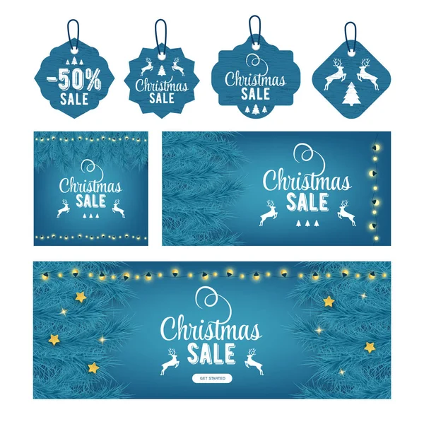 Modern christmas sale decor set, great design for any purposes. Christmas tree and light. Concept event advertising. Shopping concept. Color art. Sale banner layout design. Card, banner, tag, label. — Stock Vector