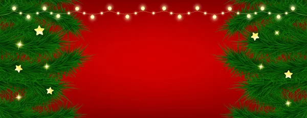 Hermosa tarjeta de Navidad sobre fondo rojo. Elemento de decoración navideña con guirnaldas de luces y ramas de abeto. Feliz año nuevo fondo. Tarjeta, banner, volante, plantilla, landing page. Color brillante moderno . — Vector de stock