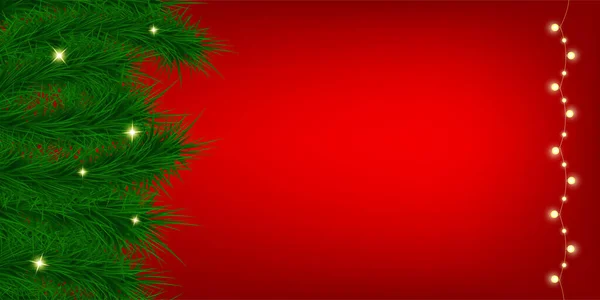 Beautiful christmas card on red backdrop. Holiday decor element with lights garlands and fir branches. Happy new year background. Card, banner, flyer, template, landing page. Modern bright color. — 图库矢量图片