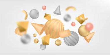 Yaratıcı tasarım posteri, asgari sanat modayı illüstrasyonu. Şekil 3 boyutlu soyut arkaplan. Geometrik şekilli desen. Tasarımın gerçekçi izometrik elementleri.