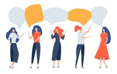 Konuşma balonu olan bir grup insan. Kadınlar iletişim kurar, konuşur, tartışır, tartışır, nedenini ispatlar, konuşur, sonuç çıkarır. İş adamları haberleri, sosyal konuları, pazarlıkları tartışıyor. Vektör illüstrasyonu.